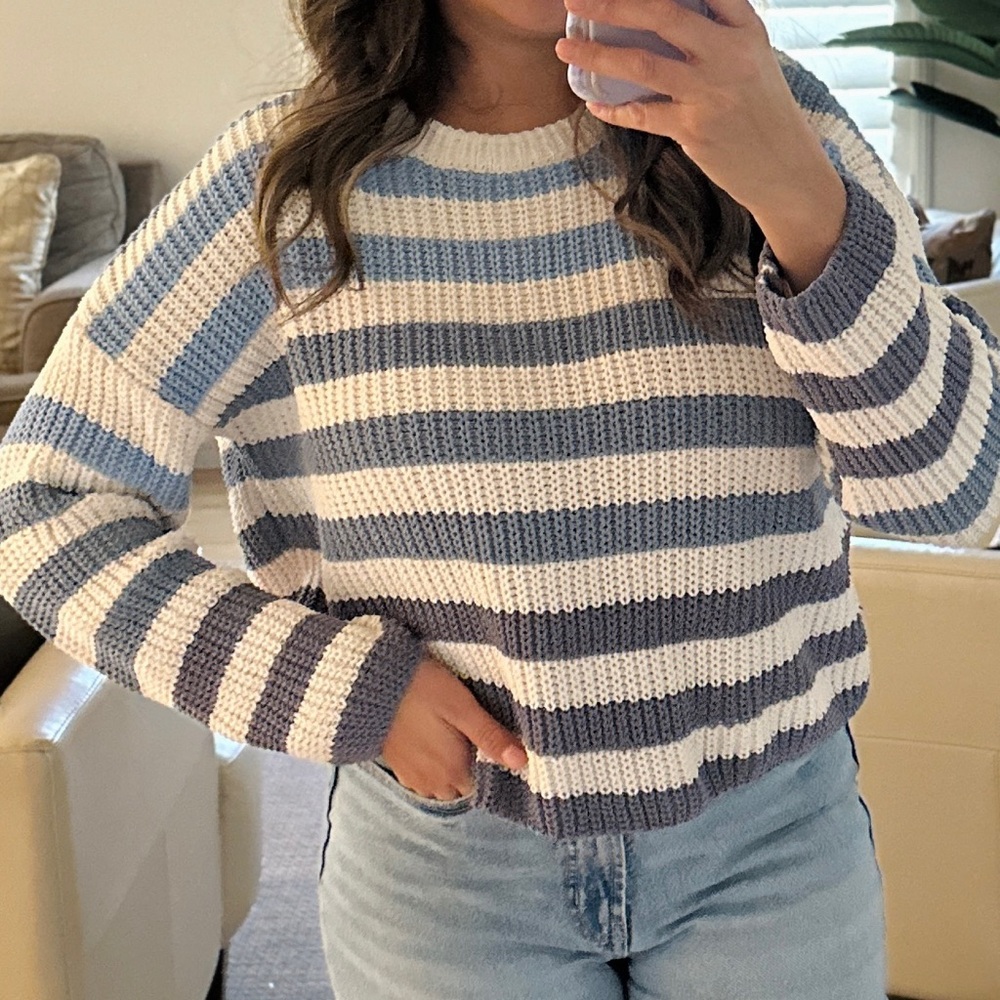 Miami Blue and White Striped Women's Sweater